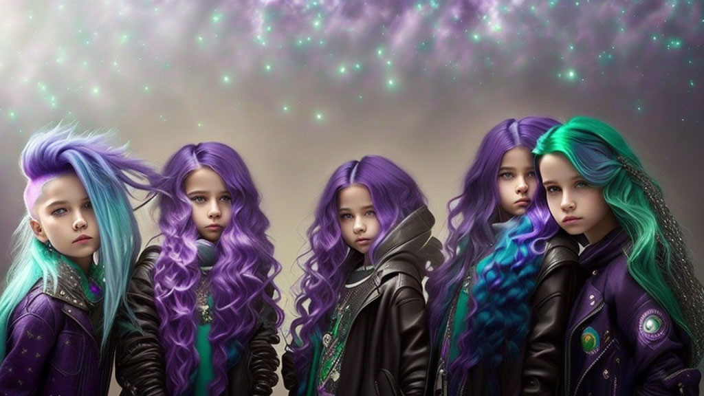 Five animated figures with vibrant blue and purple hair on starry backdrop