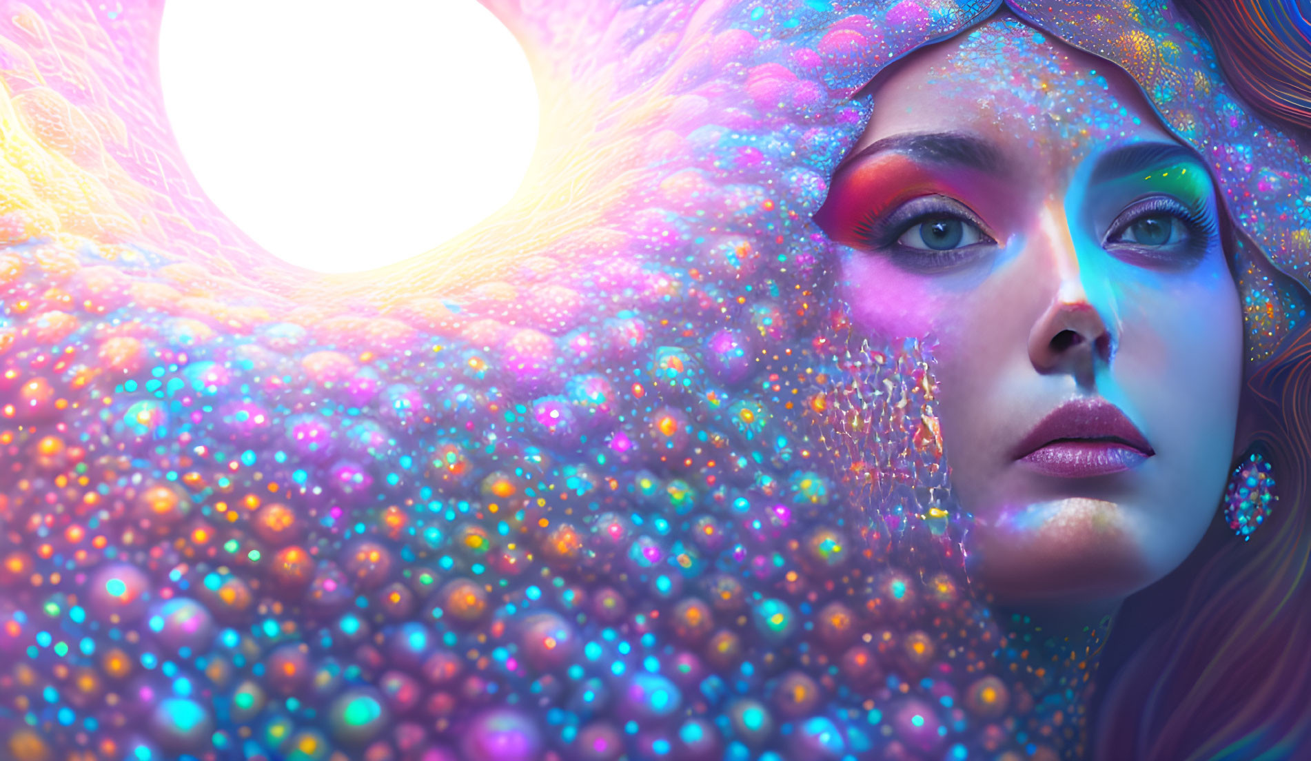 Vibrant cosmic background merges with woman's face in celestial scene