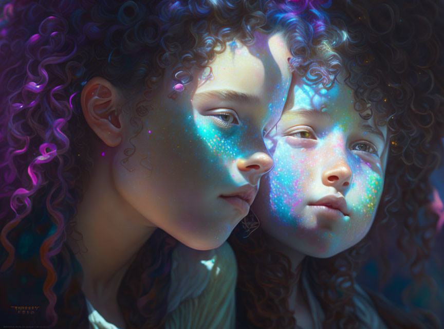 Curly-Haired Children with Star-Like Freckles in Mystical Setting
