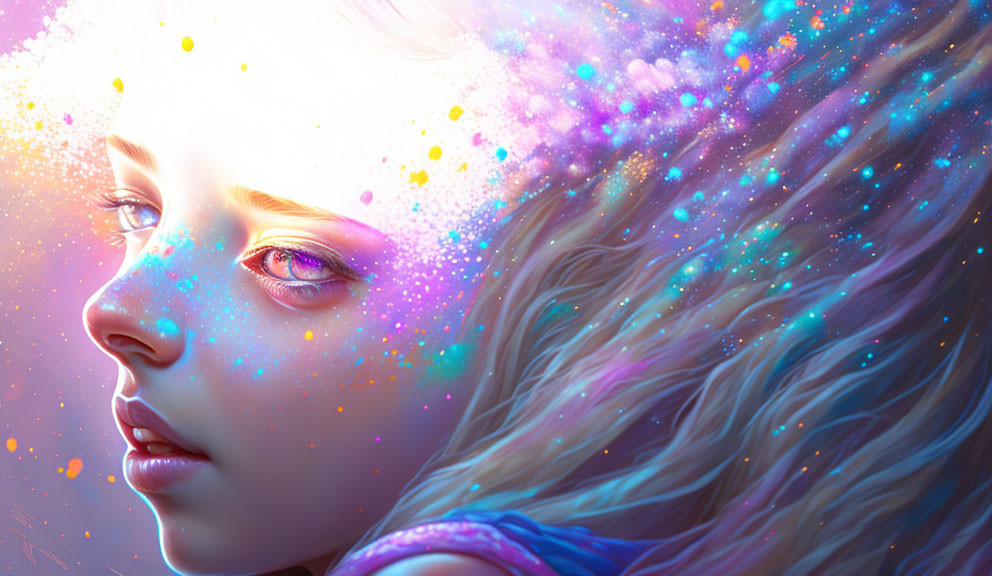 Digital Artwork: Woman with Galaxy Makeup and Cosmic Hair Colors