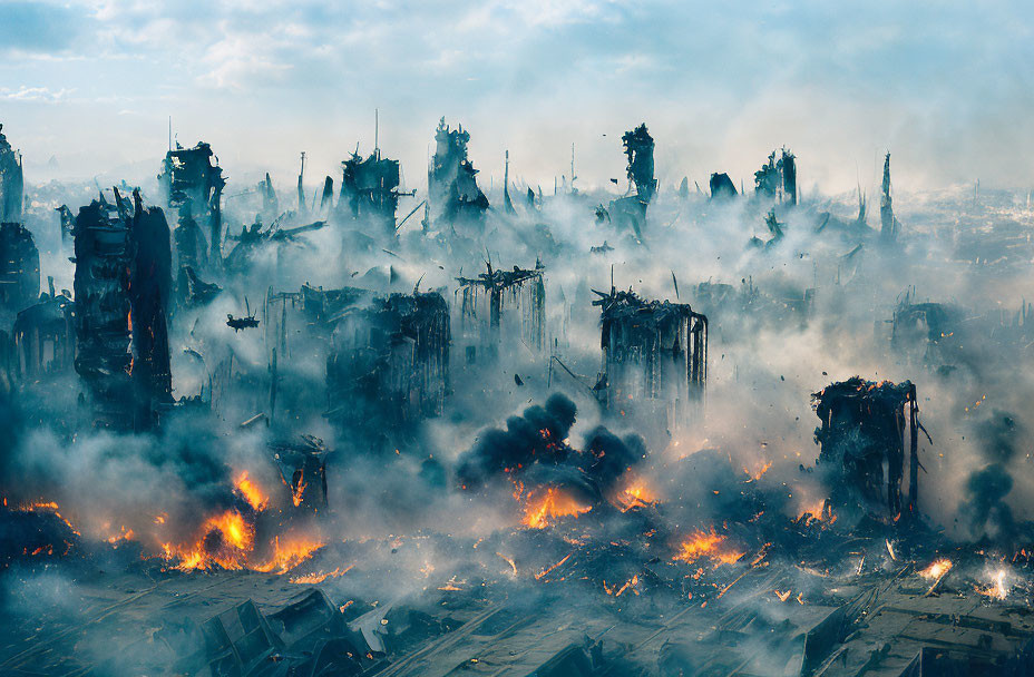 Dystopian cityscape in flames with crumbling buildings