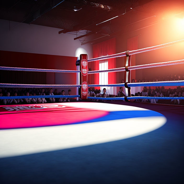 Boxing ring with bright lights, red and blue colors, and logo on post