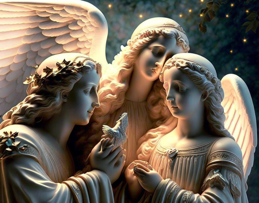 Angels sing to people about love, virtue and humil