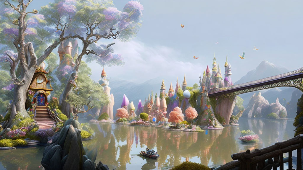 Colorful Fantasy Landscape with Castle, Bridge, and Balloons