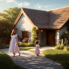 Woman and two children walking towards thatched-roof cottage in lush greenery