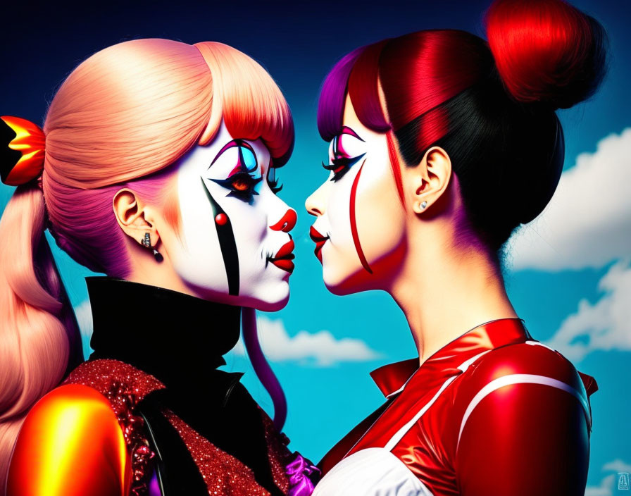 Stylized female characters with vibrant makeup and colorful outfits on blue backdrop