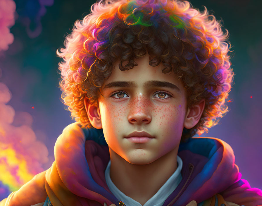 Digital art portrait of young boy with curly hair, freckles, and green eyes in warm,