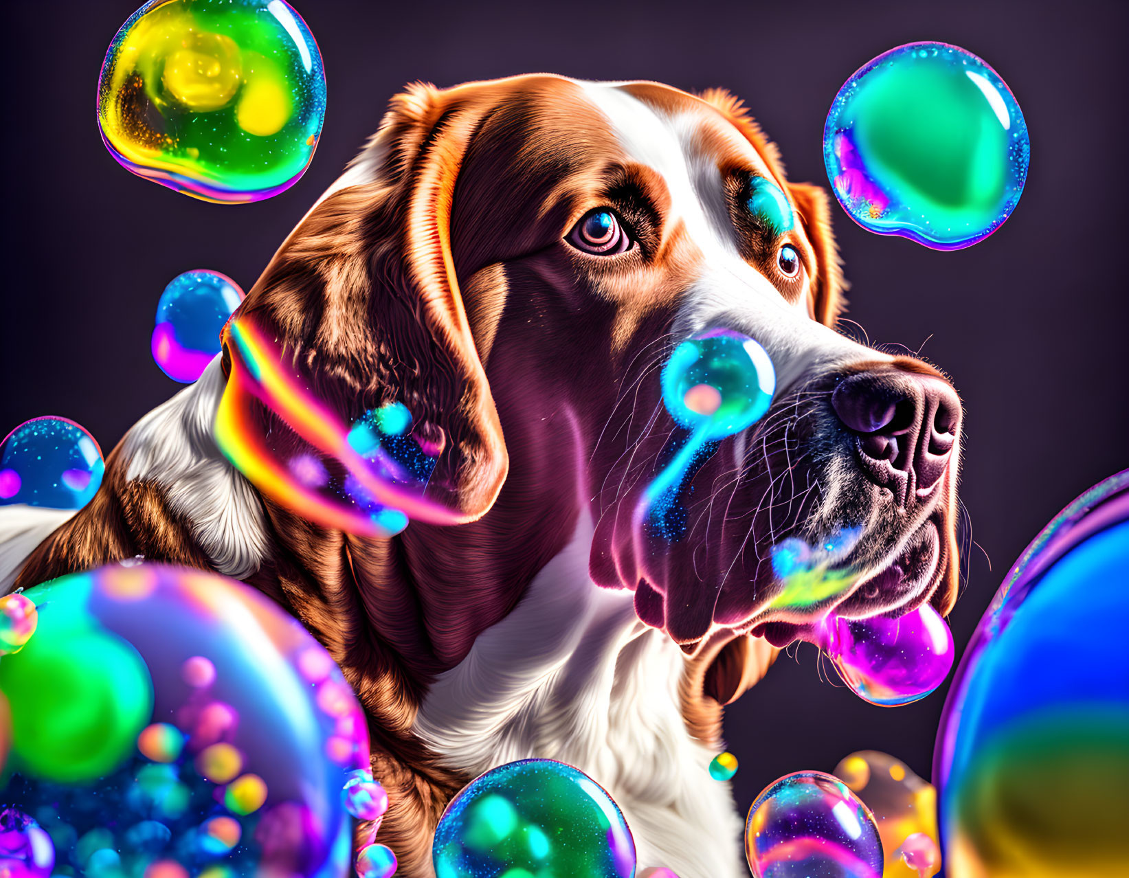 Colorful Beagle Dog Surrounded by Iridescent Bubbles on Dark Background