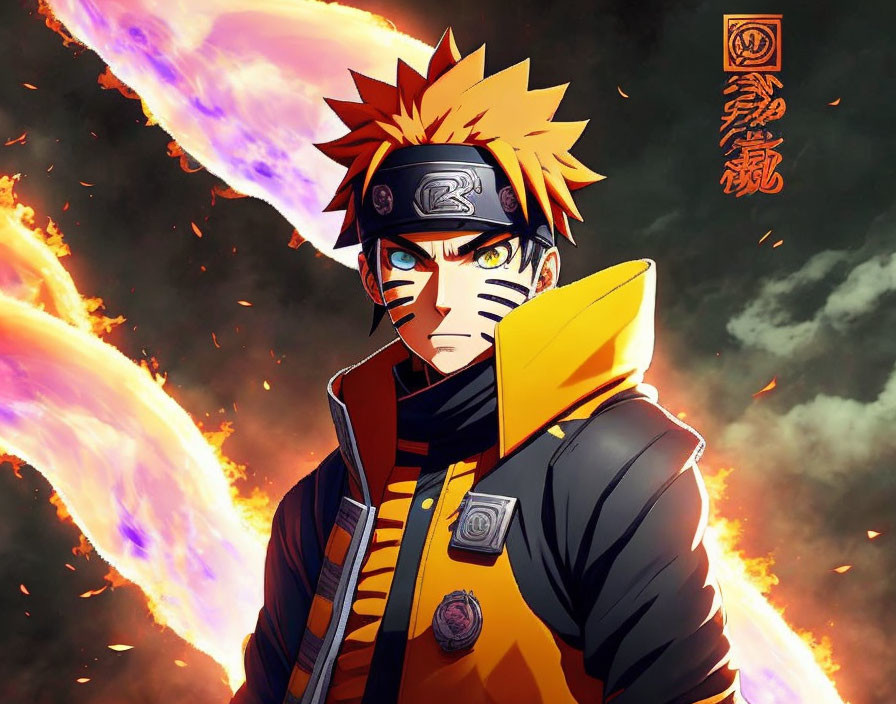 Spiky Yellow-Haired Anime Character with Leaf Headband in Orange and Black Jacket