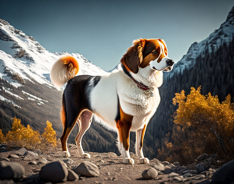 Tricolor dog on rocky path with snowy mountains and autumn trees