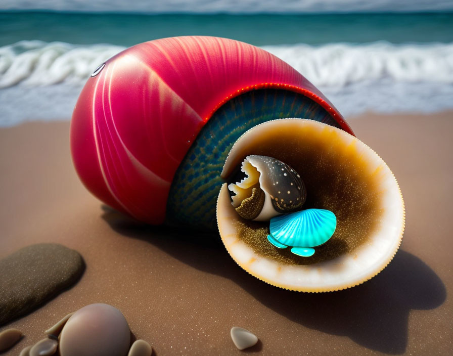 Colorful Easter egg split open on sandy beach with candy and smaller eggs in seashell, ocean