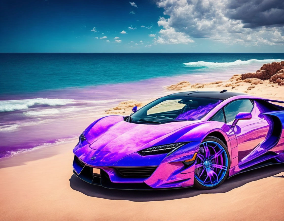 Purple Sports Car on Sandy Beach with Blue Skies and Turquoise Water
