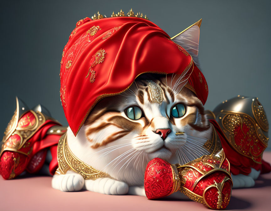 Cat in ornate red & gold royal attire on grey background