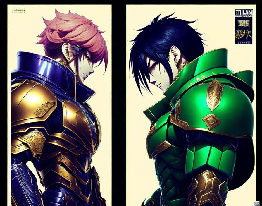 Anime-style characters with pink and blue hair in bronze and green armor, facing each other.