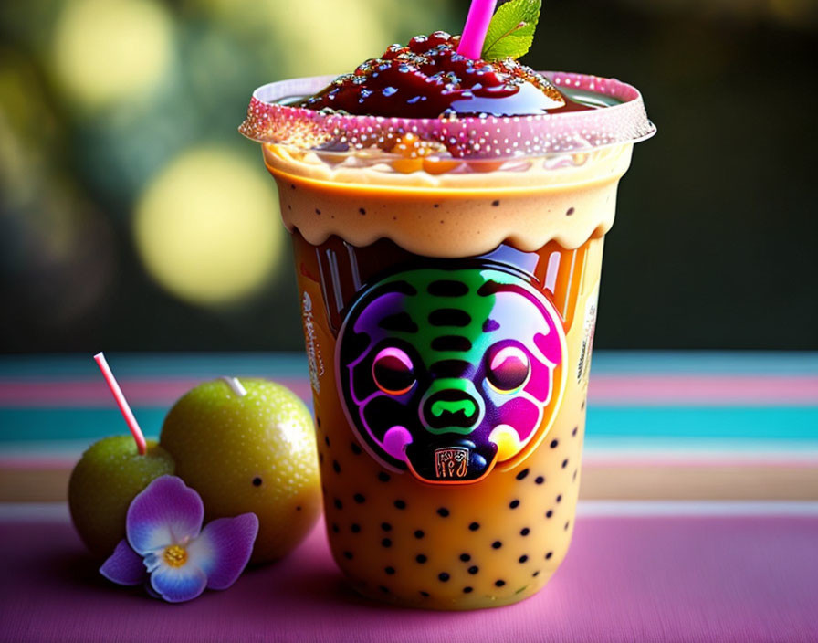 Colorful Bubble Tea with Tapioca Pearls, Whipped Cream, and Fruit on Vibrant