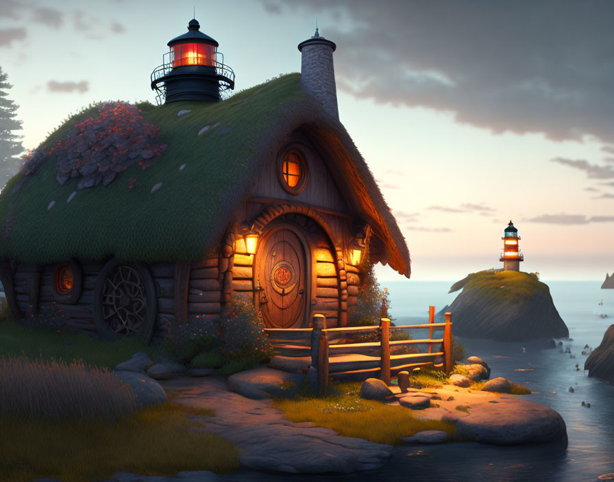 Thatched-Roof Cottage with Lighthouse Element by the Sea at Dusk