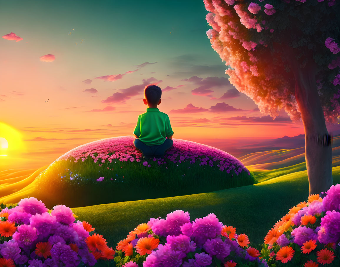 Child meditating on lush hill at sunset surrounded by vibrant flowers