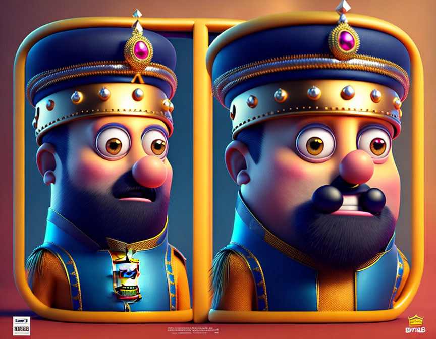 Stylized animated toy soldiers with mustaches and medals in blue and gold uniforms