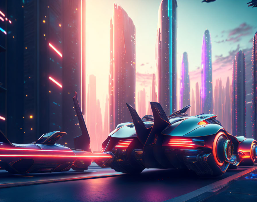 Futuristic cityscape with neon lights and flying cars at dusk