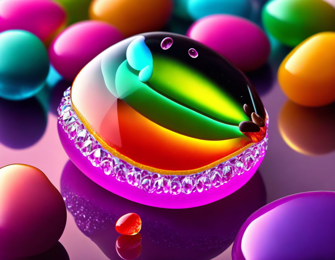 Colorful 3D-rendered image of glossy rainbow sphere with sparkling band surrounded by opaque spheres
