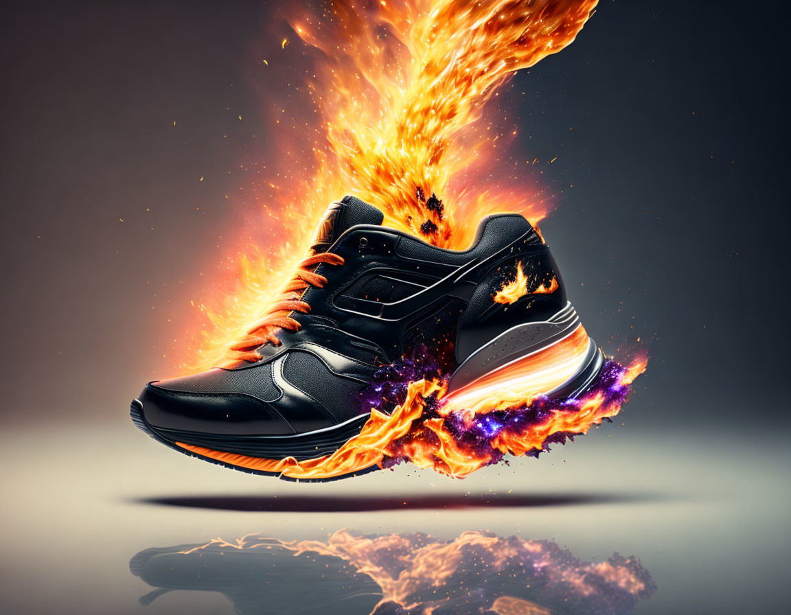 Black sneaker with orange flames on dark background