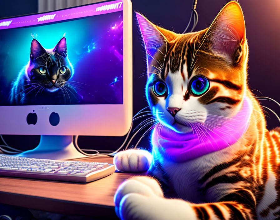 Blue-eyed cat in front of glowing digital cat on computer screen
