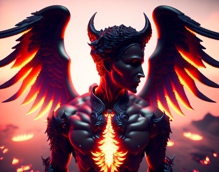 Digital Art: Figure with Black Horns, Wings, and Glowing Heart in Fiery Landscape
