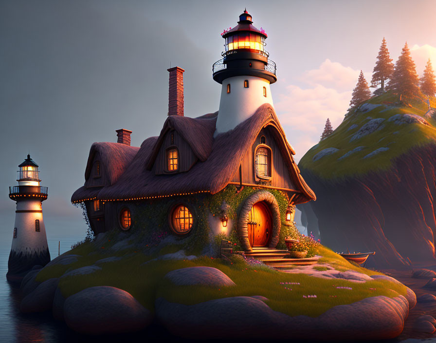 Cozy island cottage with lighthouse at sunset