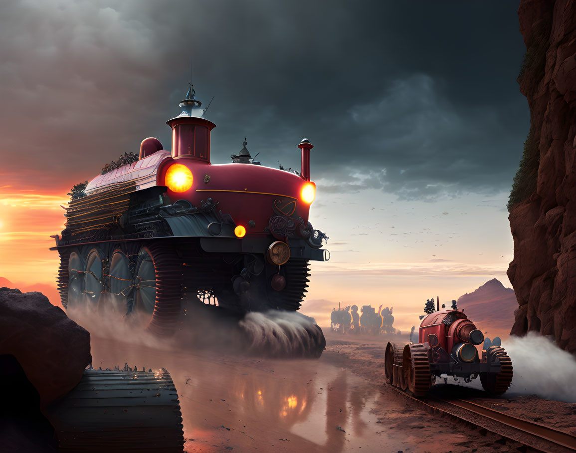 Retro-futuristic train with tank-like treads in dusty canyon alongside vintage car