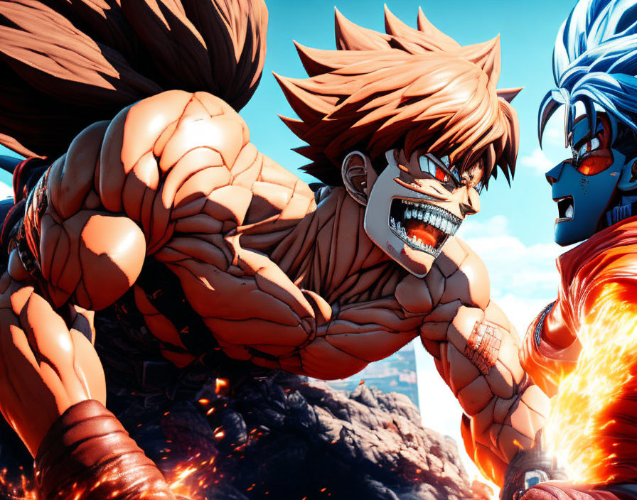 Animated characters clash fists under blue sky with fiery aura.