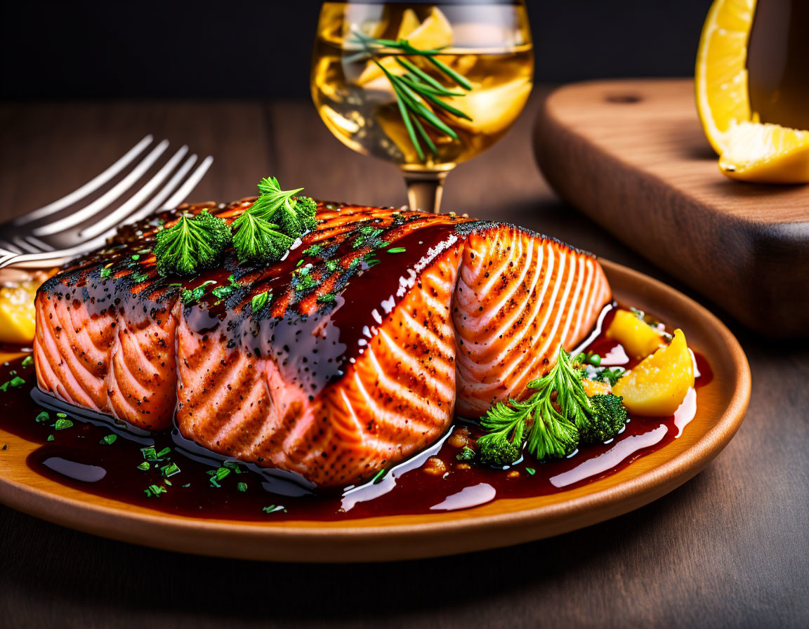 Freshly Grilled Salmon Fillets with Lemon and Herbs Plate Display