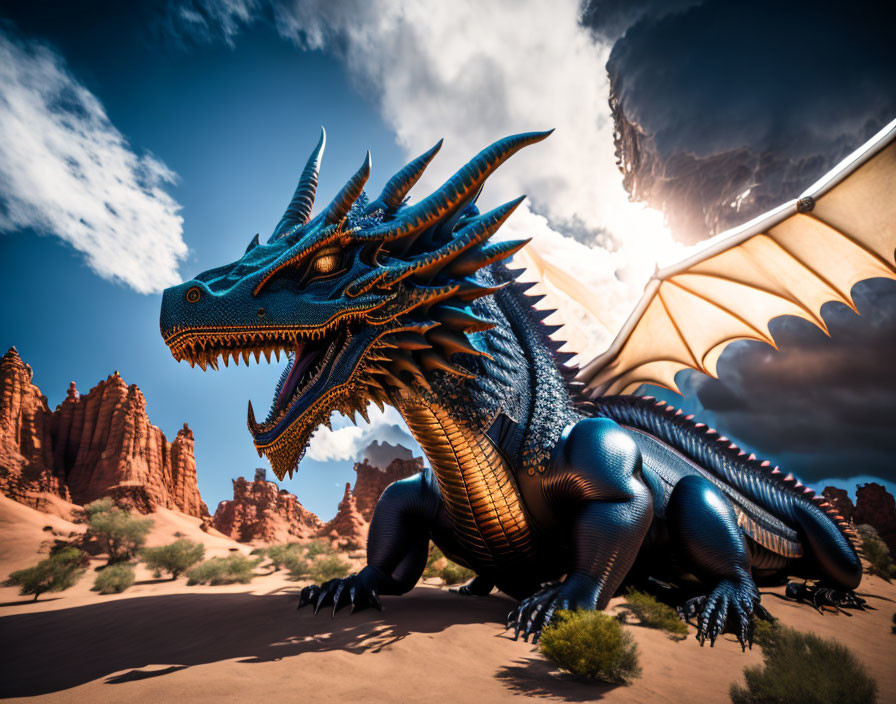 Blue dragon with large wings and spikes in desert with red rocks.