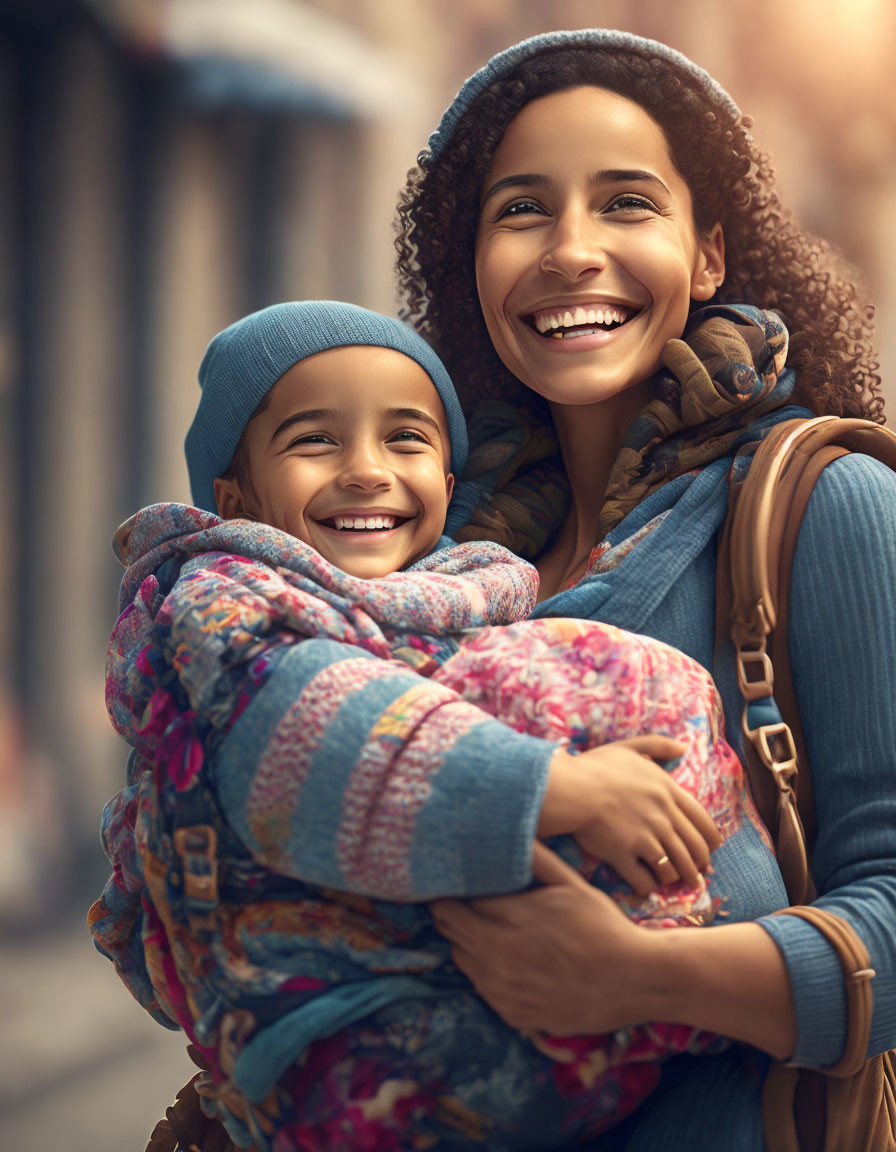 Mother embracing smiling child in colorful scarves and blue beanie