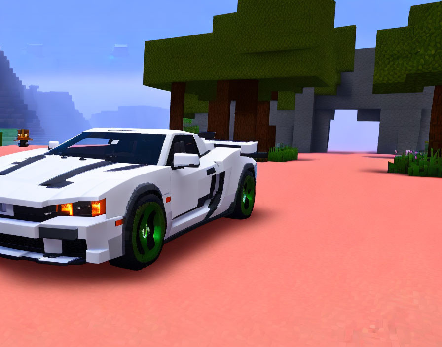 Pixelated White Sports Car with Green Rims in Minecraft-style Landscape