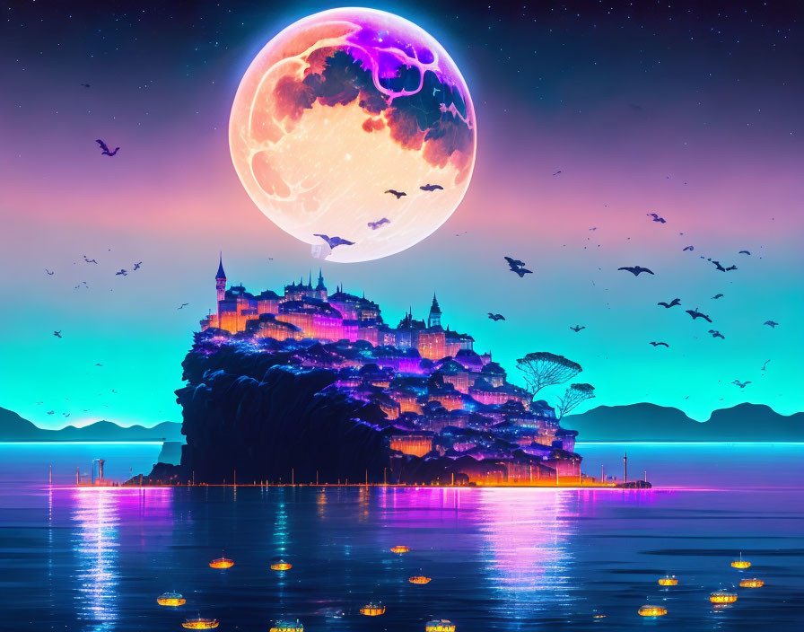 Fantasy landscape with castle, purple moon, birds, lanterns, and starry sky