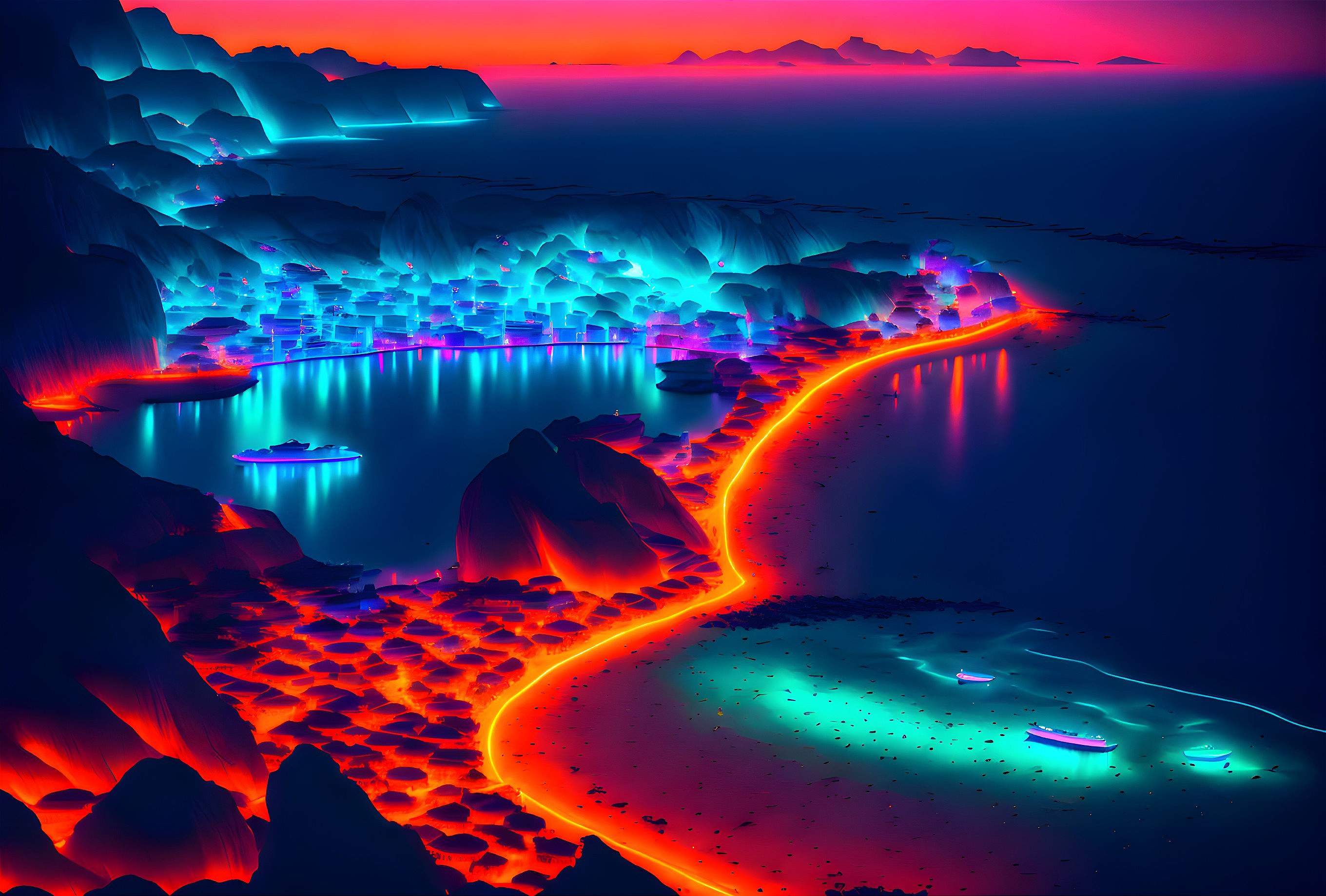 Seaside city lit by neon with a bioluminescence