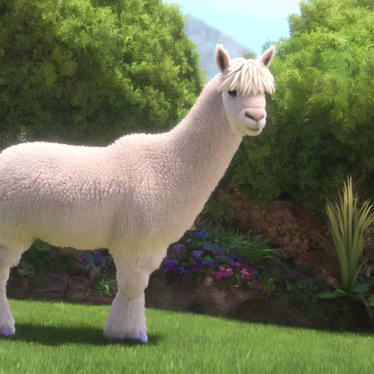 Smiling animated alpaca in vibrant garden with green bushes and purple flowers