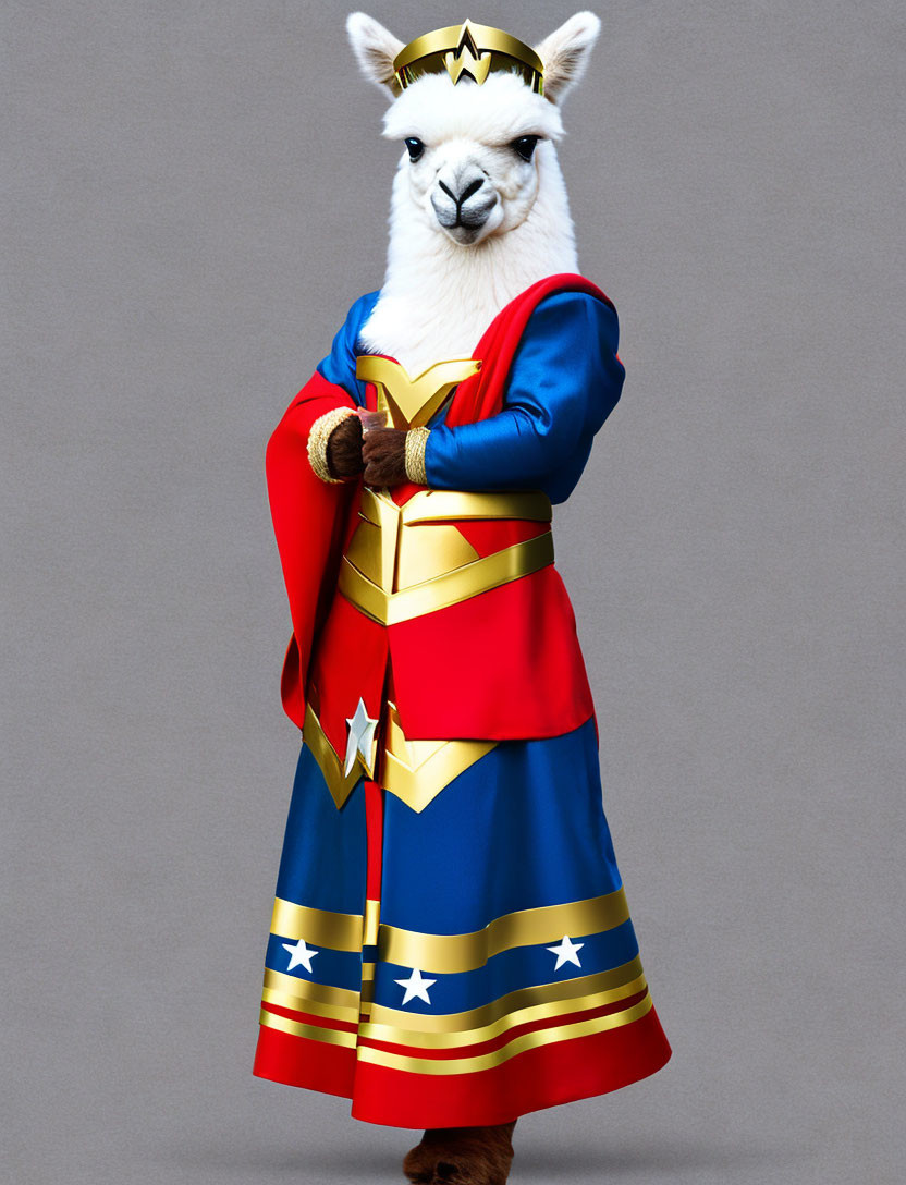 Superhero llama with cape, crown, and star emblem on gray background