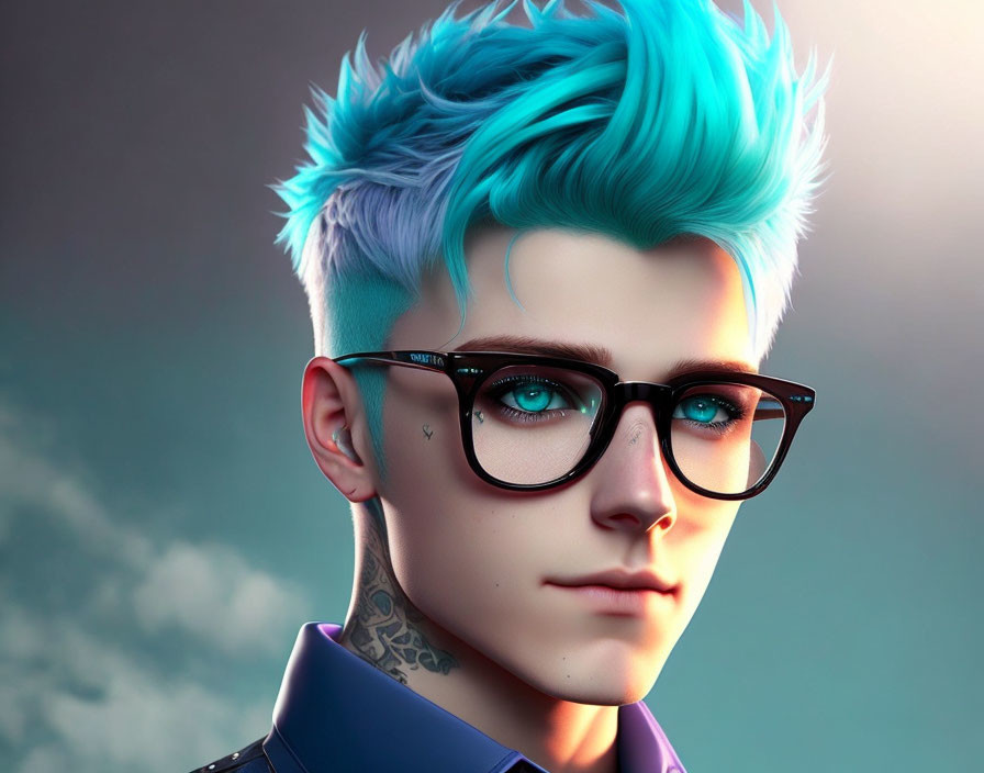 Digital artwork: Person with blue hair, glasses, tattoos, and green eyes on gray backdrop
