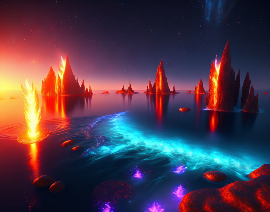 Surreal landscape with glowing lava spires, bioluminescent waves, and comet under star