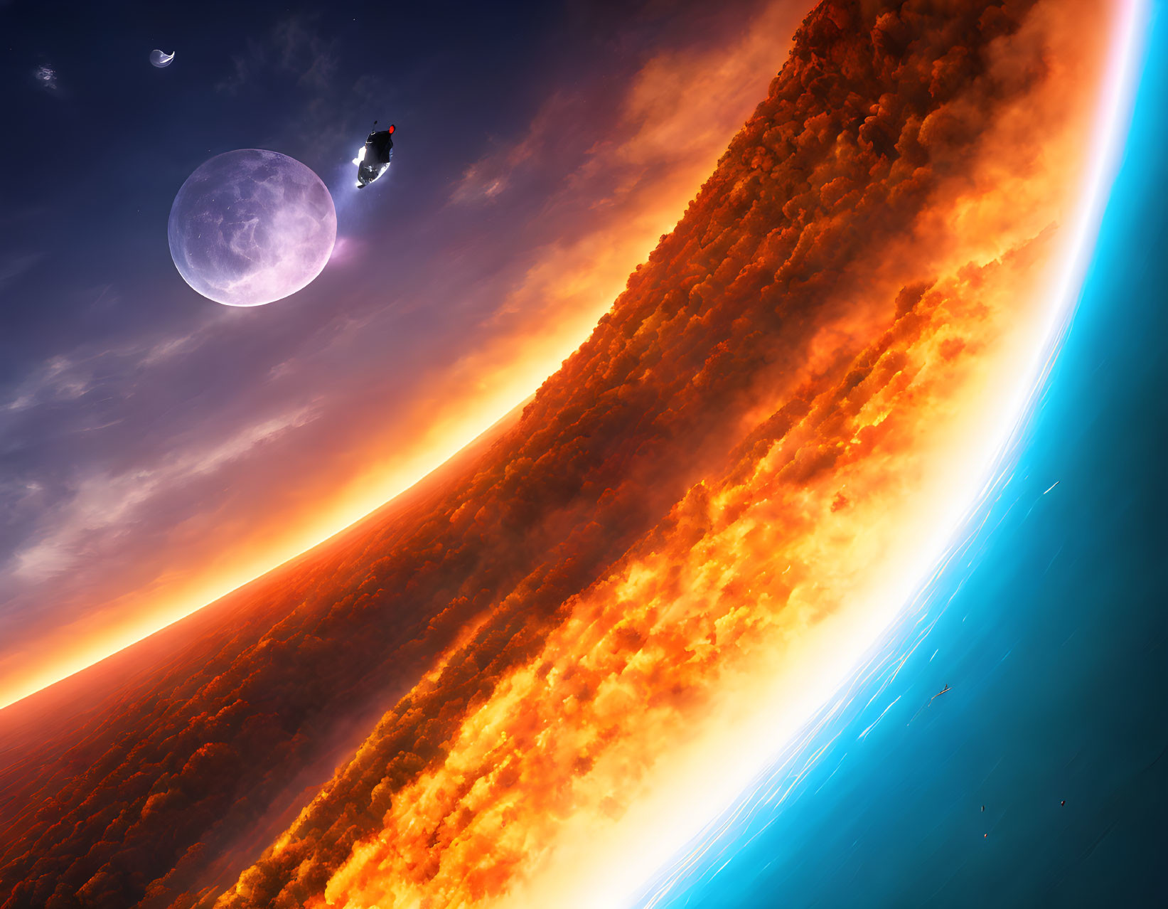 Sci-fi spacecraft exiting fiery planet atmosphere with moon and distant planet.