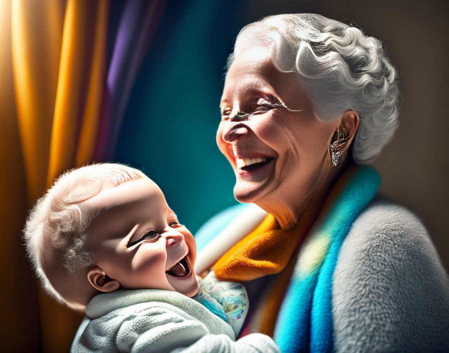 Elderly Woman Laughing with White-Haired Baby in Colorful Setting