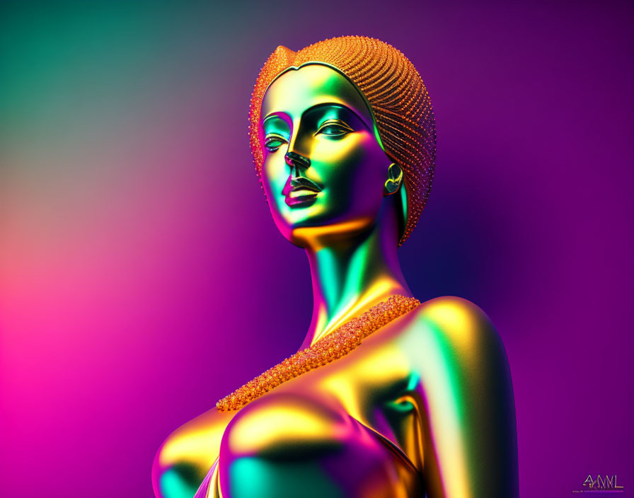 Vibrant digital artwork of metallic female figure in purple and green gradient