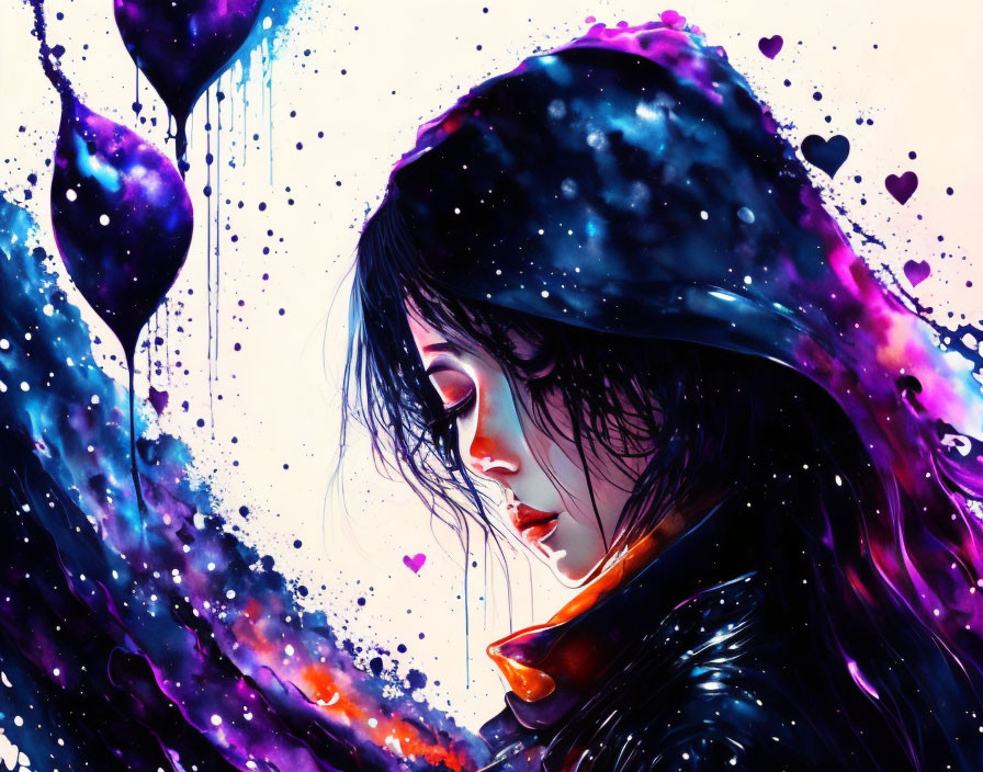 Vibrant cosmic-themed digital artwork of a woman with colorful hearts