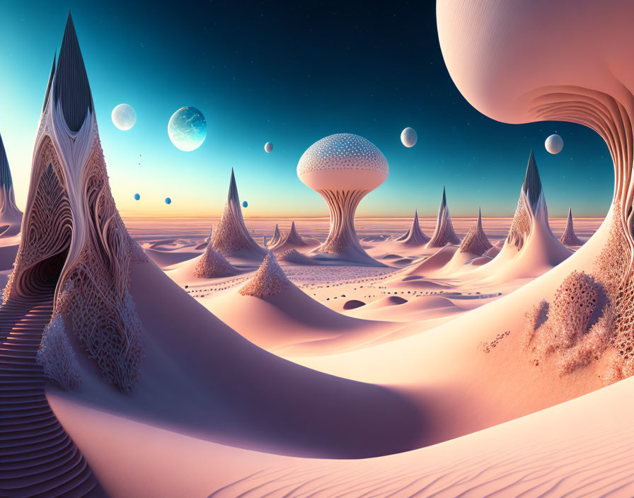 Surreal desert landscape with smooth dunes and multiple moons