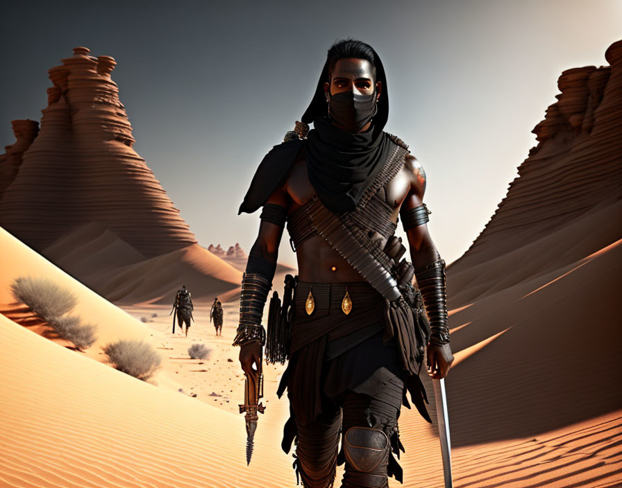 Desert warrior with sword in sandy landscape among travelers and dunes