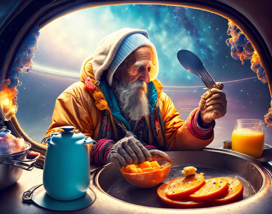 Elderly person having breakfast in spaceship with outer space view
