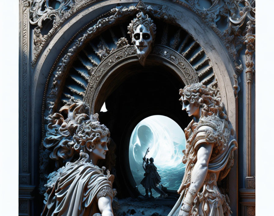 Baroque-style archway with skull and mystical figure under celestial body