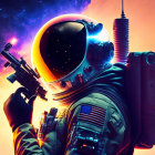 Futuristic soldier with helmet, rifle, and backpack in cosmic scene
