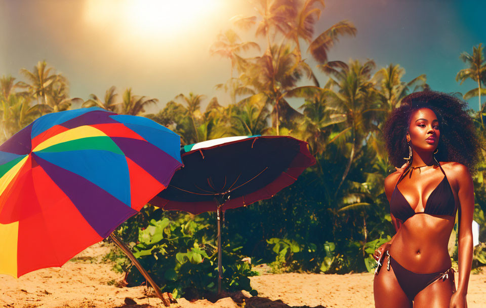 Woman in bikini by colorful beach umbrellas on sunny day with palm trees